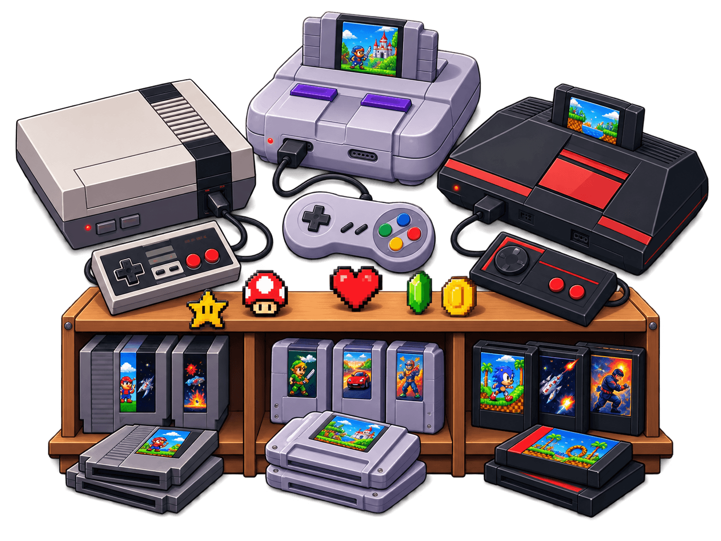 Illustration stylisée de trois consoles de jeux vidéo rétro.
